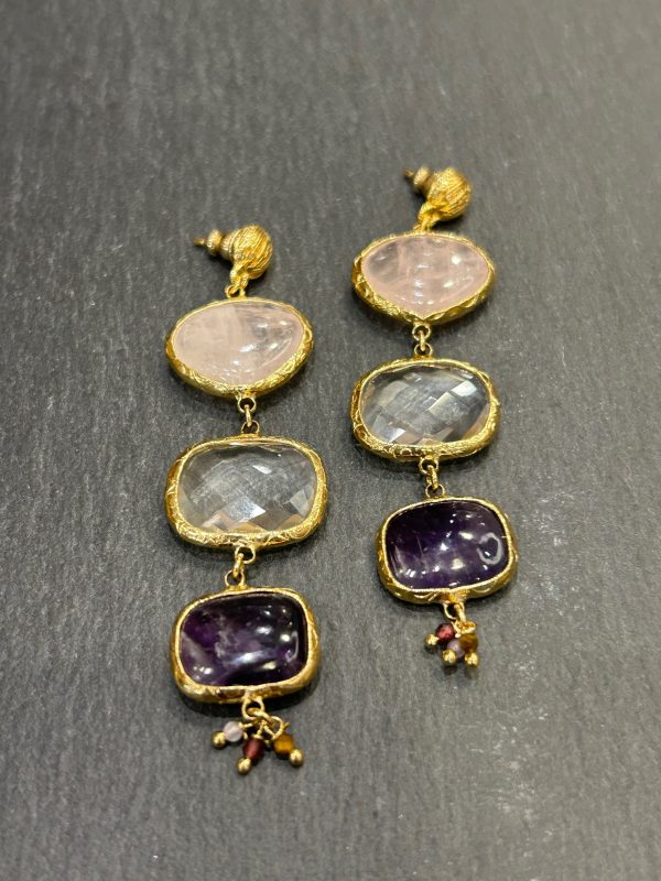 Boucles d'oreilles SILENE Quartz rose / cristal de roche / améthyste