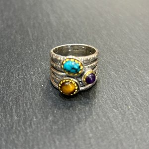 Bague J917 Turquoise / Améthyste /Oeil de tigre